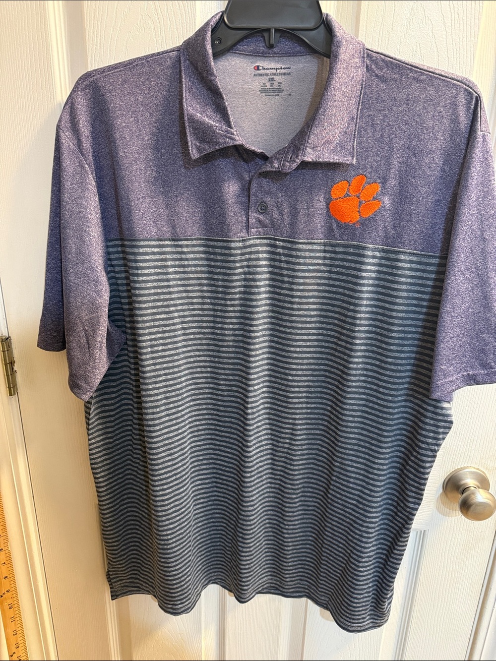 Champion Men’s Heather Purple and Gray Striped Polo with Orange Paw